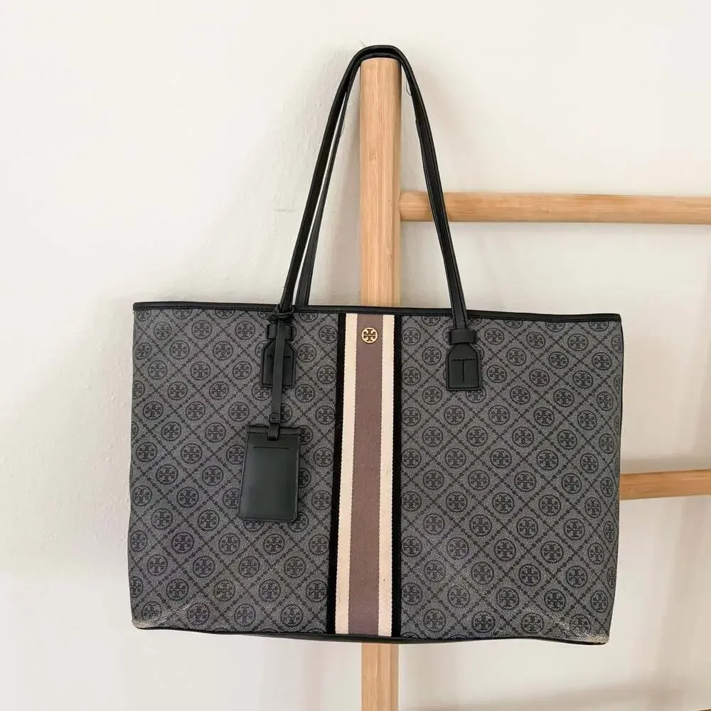 Tory Burch T Monogram Coated Canvas Large Tote Shopper Bag Gray Black Leather